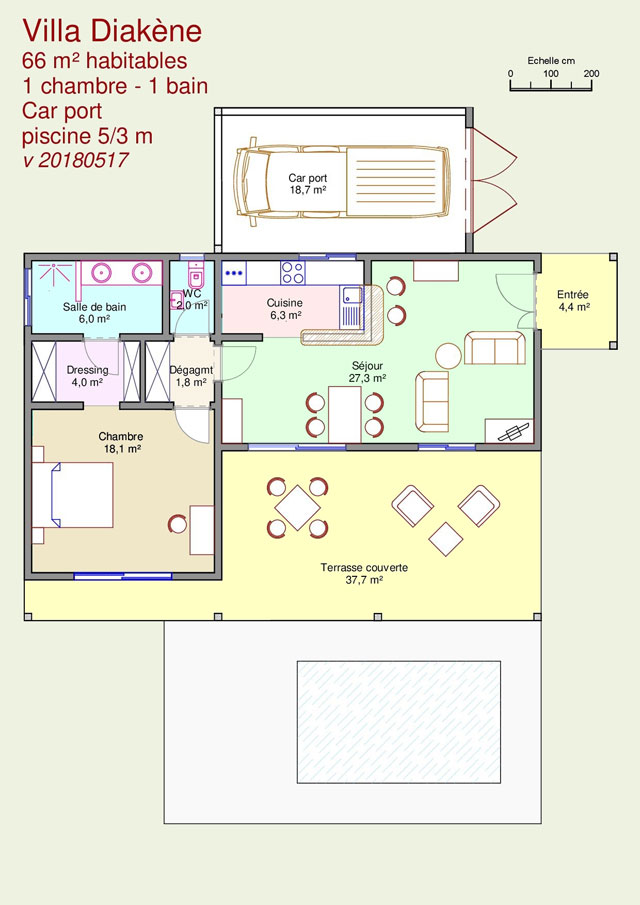 66 m² habitable 1 chambre une salle de bain piscine 5 m par 3 m garage maison climatisée terrasse 42 m² jardin wc dressing