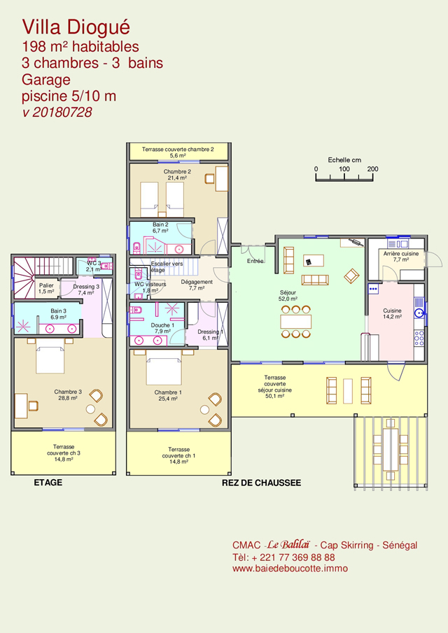 198 m² habitable, 3 chambres 3 salles de bains, climatisation, maison construite sur 2 niveaux terrasse 52 m² terrain environ 1800 m² piscine